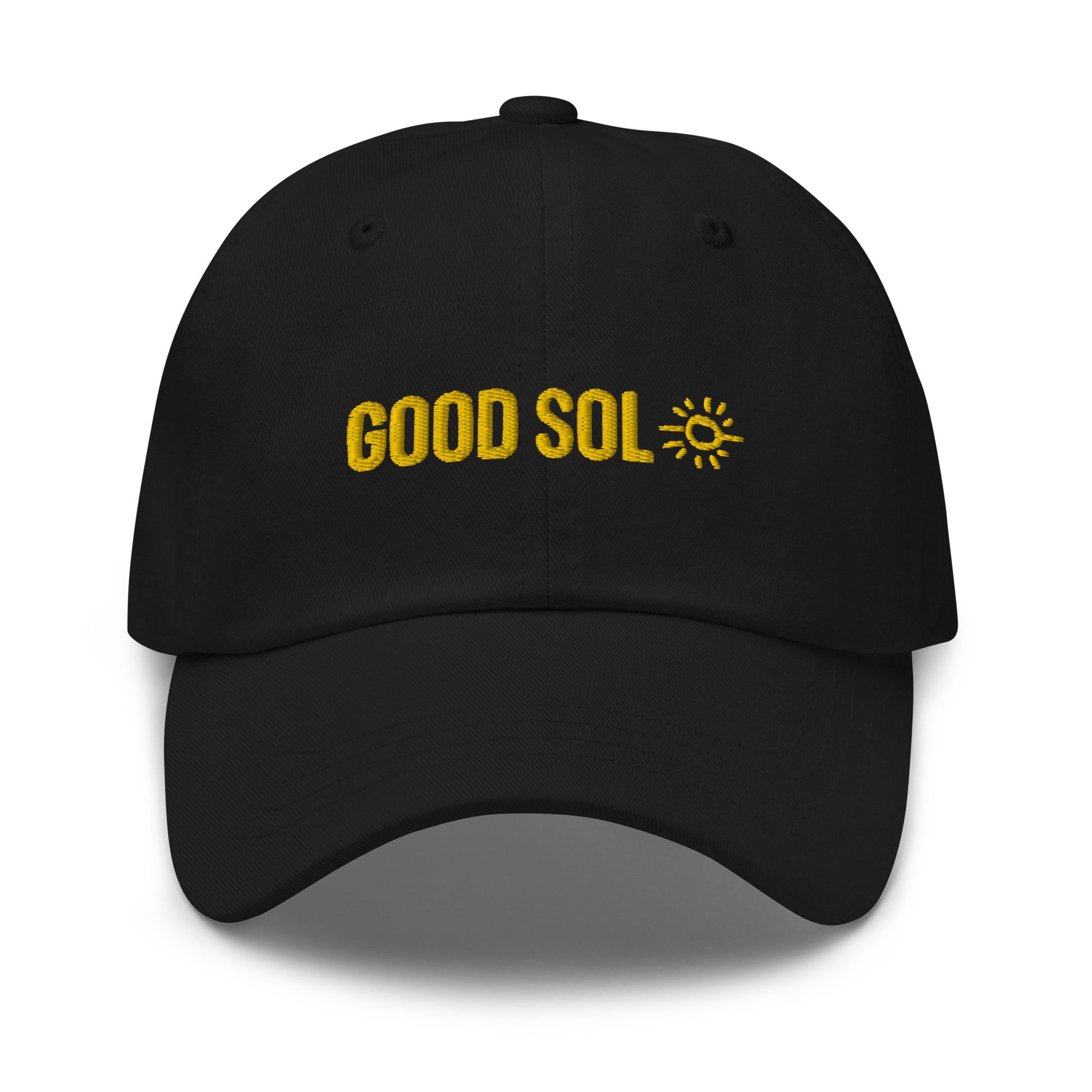 A black dad hat with the word Good Sol and a drawing of a sun is threaded at the top.