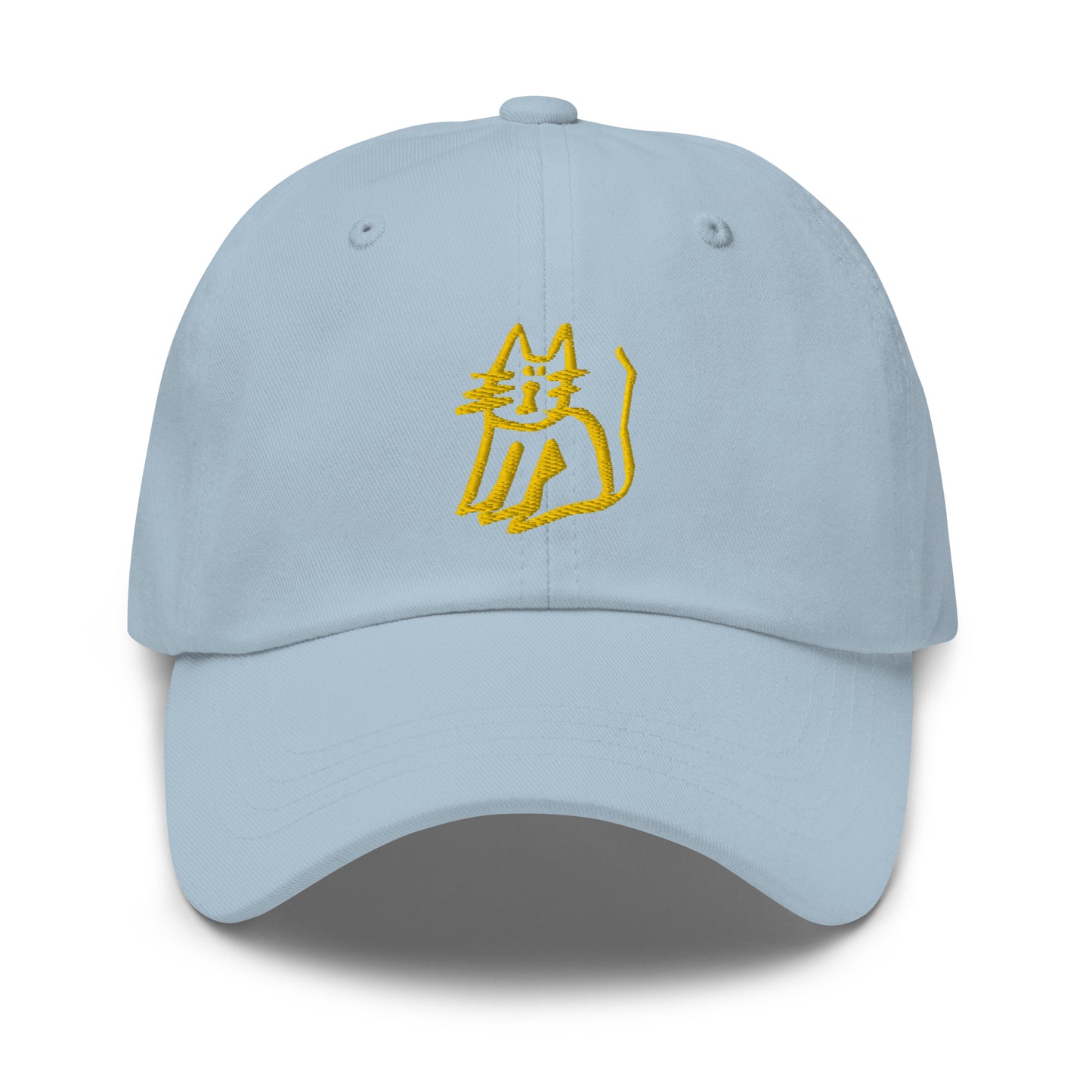 A blue cap with a yellow cat hand drawn